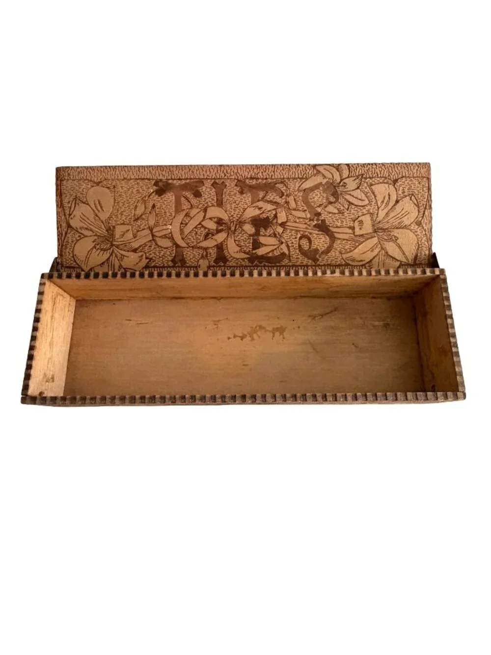 Antique c1900 Flemish Art Pyrography TIES Necktie Box Wood Burned Floral 11